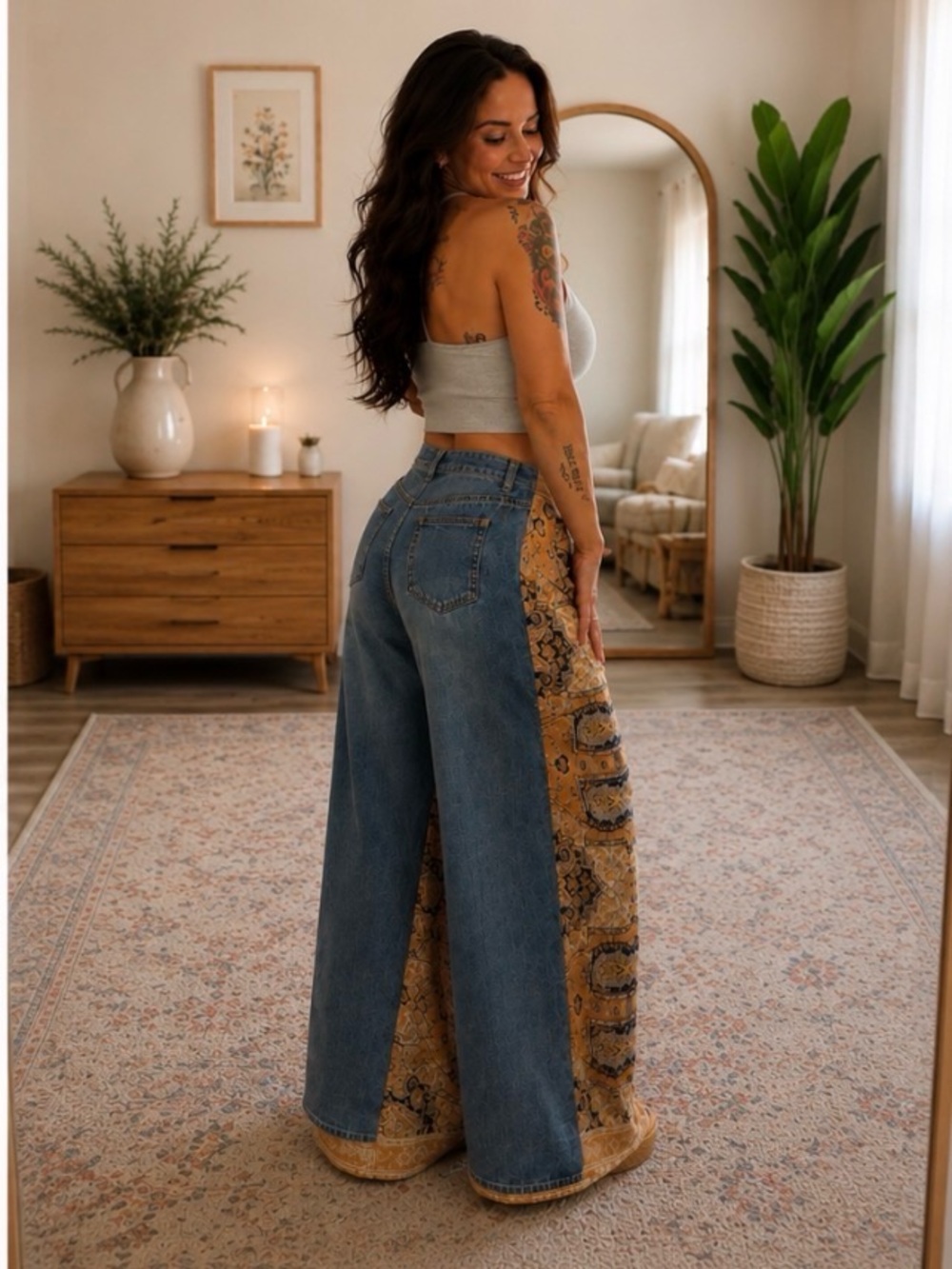 We The Free Blue Denim Wide-Leg Jeans with Mustard Patchwork